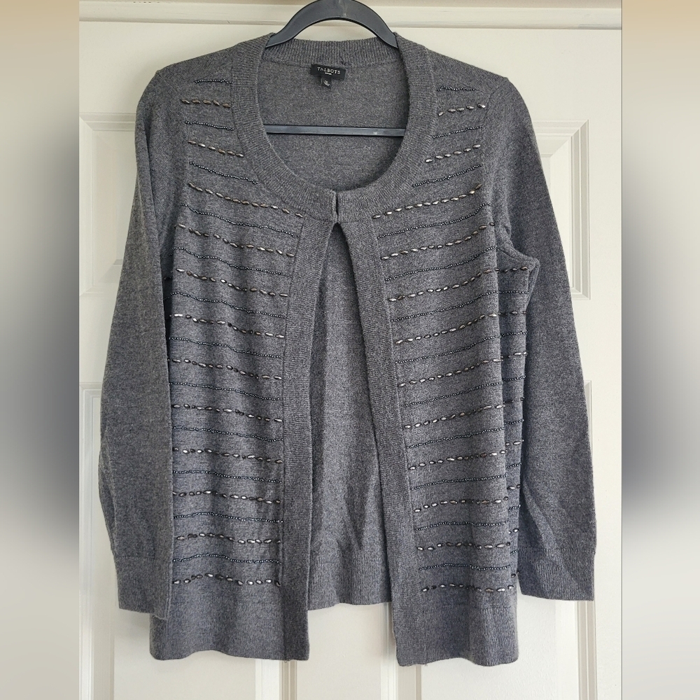 Talbots Charcoal Grey Beaded Soft Stretch Lambswool Blend Cardigan - Size 1X
